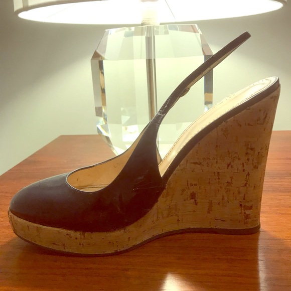 Yves Saint Laurent Shoes - Yves Saint Laurent YSL Navy Patent Cork Wedges